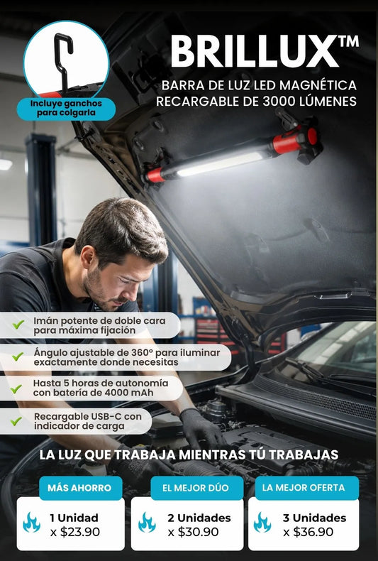 Brillux™ - Barra de luz LED magnética recargable de 3000 lúmenes